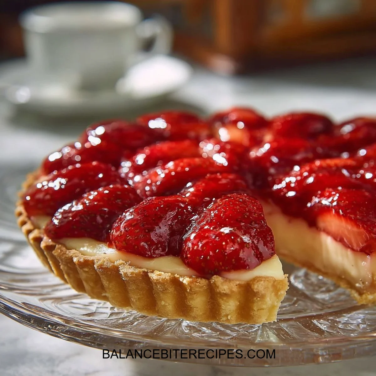 Delicious strawberry gelatin pie topped with fresh strawberries